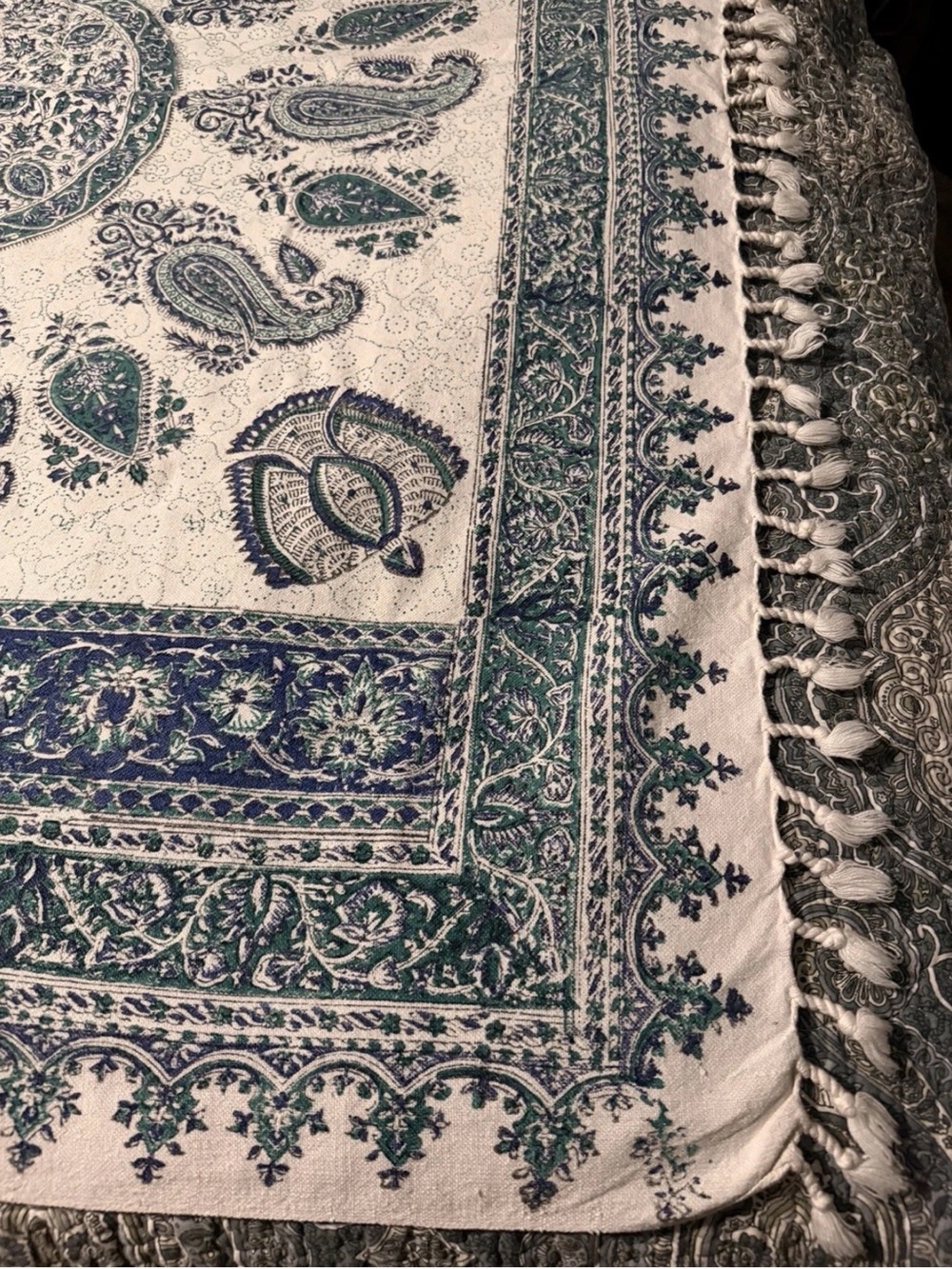 ANTIQUE Esfahan Iran Hand Block Painted Ghalamkar Cotton Fringed (53”x78”) - Picture 6 of 15